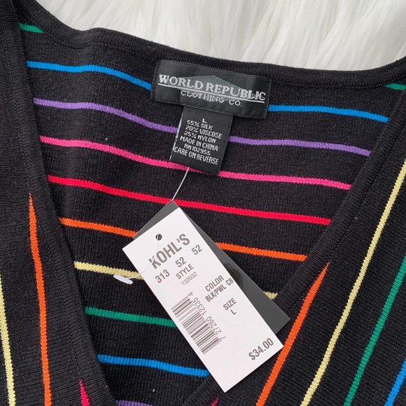 NWT World Republic - Black V-neck sleeveless rainbow chevron silk sweater, L - Picture 4 of 4